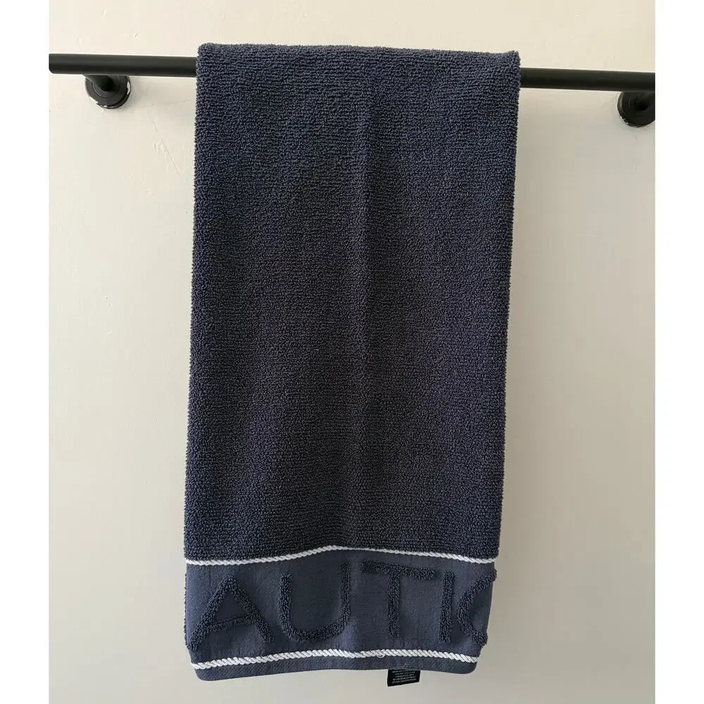 Nautica Home Navy Bath Towel Cotton Logo Rope Trim Coastal OEKO TEX 48x27 Blue